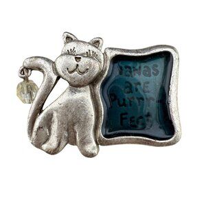 Nanas Are Purr-Fect Cat Pin Brooch With Crystal Charm By TC Vintage Silver Tone